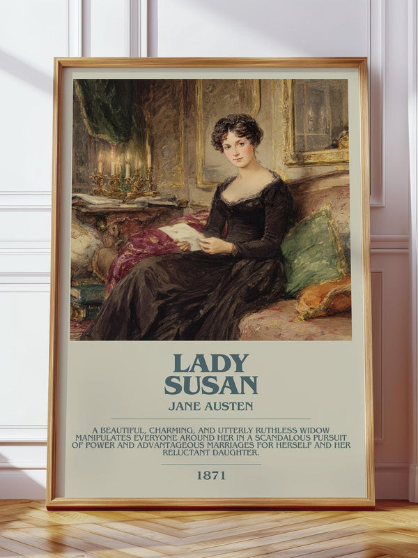 Lady Susan bookish print in frame leaning in hallway – coming of age wall art