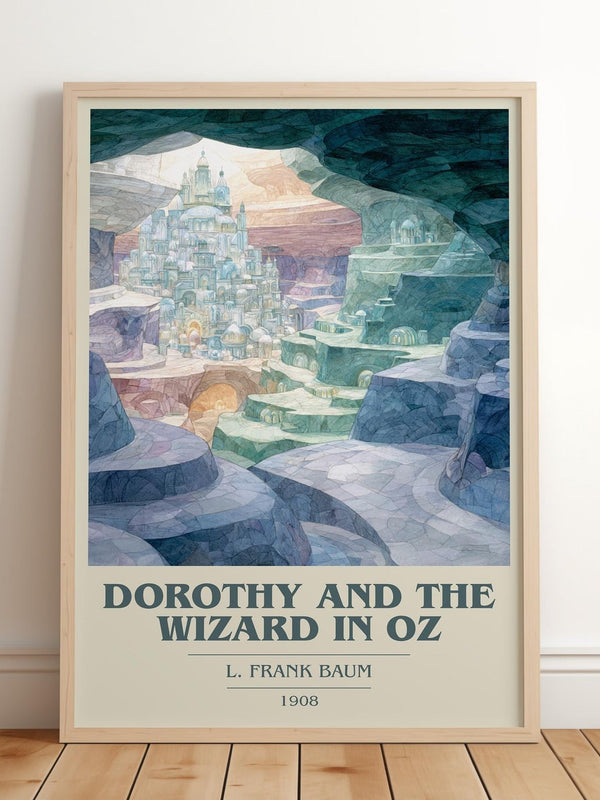 Dorothy And The Wizard In Oz book cover print in frame leaning in hallway – childrens wall art