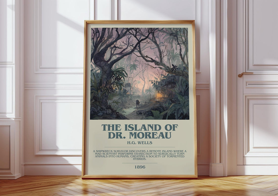 The Island Of Dr. Moreau bookish print in frame leaning in hallway – adventure wall art (mockup)