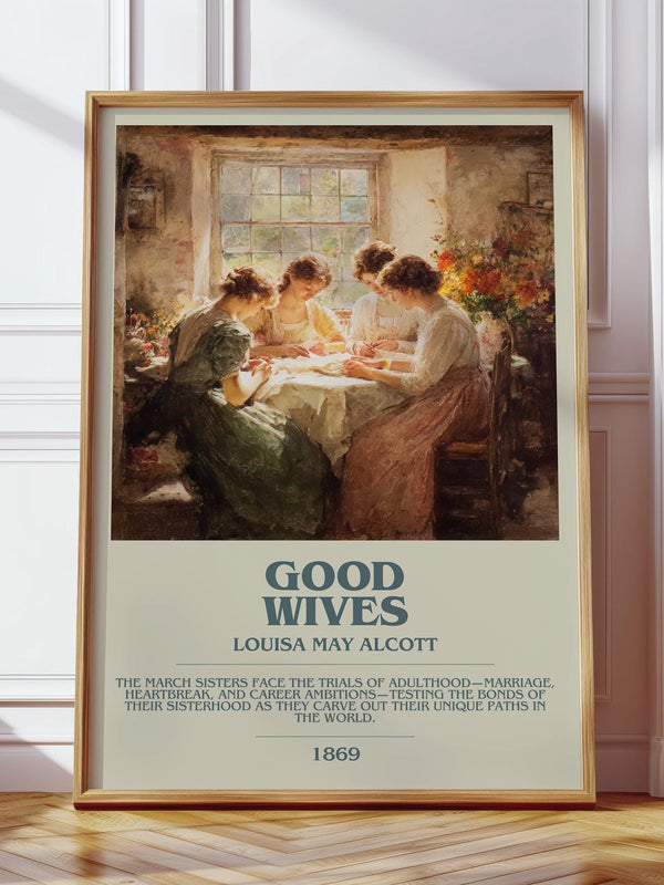 Good Wives bookish print in frame leaning in hallway – adventure wall art