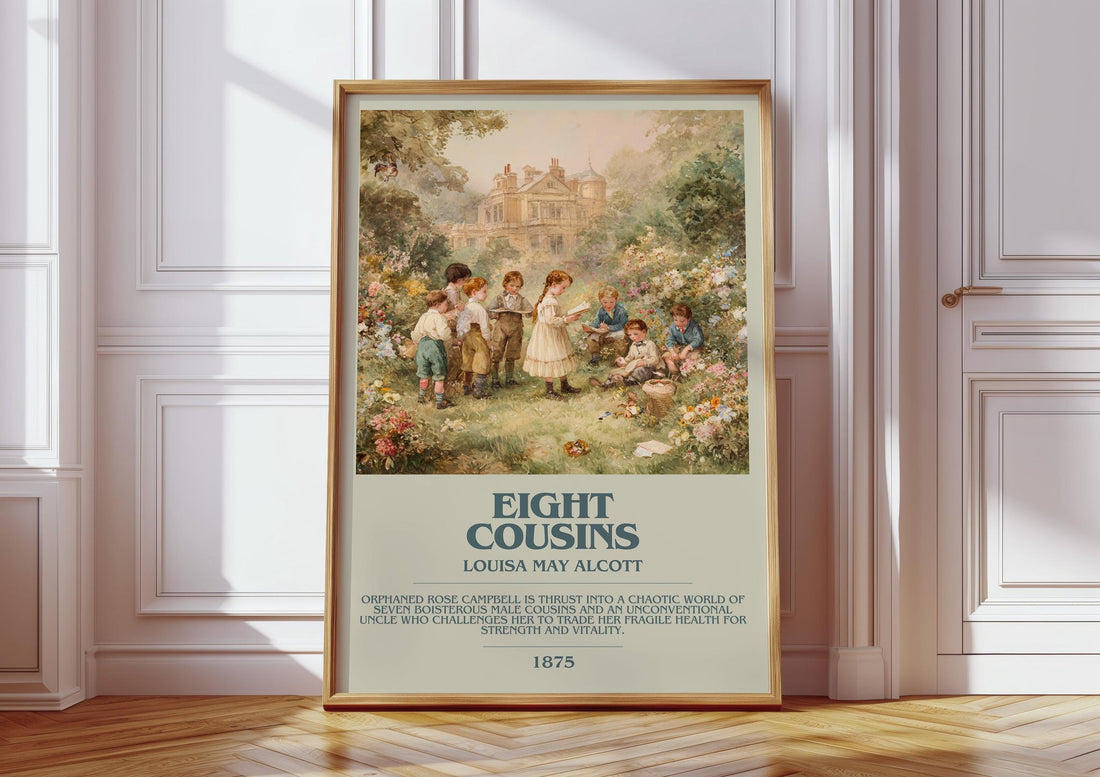 Eight Cousins bookish print in frame leaning in hallway – classic literature wall art (mockup)