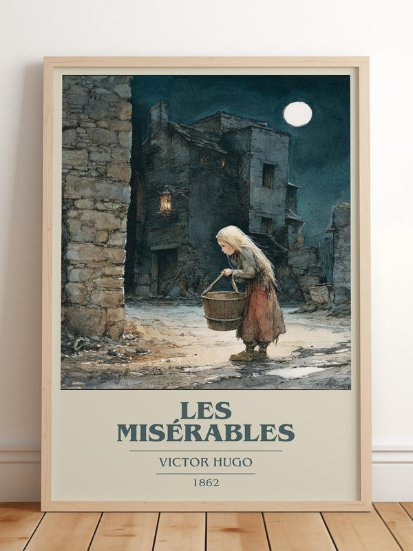 Les Misérables book cover print in frame leaning in hallway – classic literature wall art