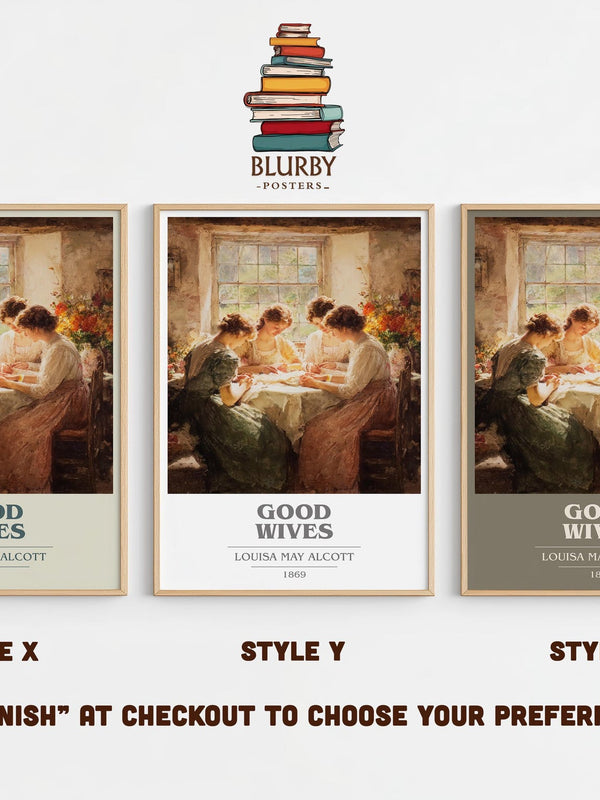 Good Wives book cover print in frame leaning in hallway – adventure wall art