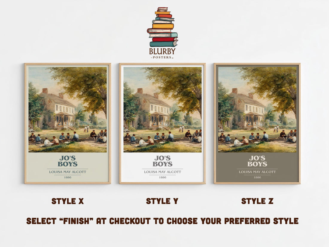 Jo's Boys book cover print in frame leaning in hallway – childrens wall art (mockup)