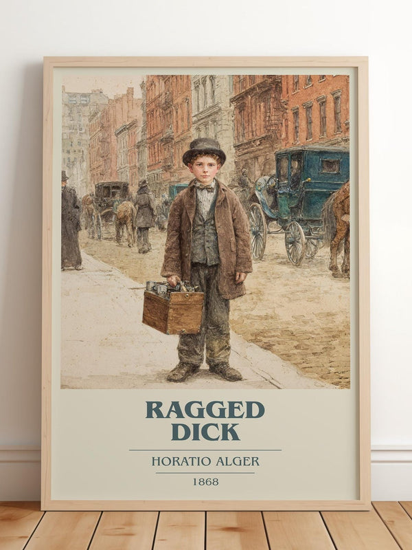 Ragged Dick book cover print in frame leaning in hallway – historical fiction wall art