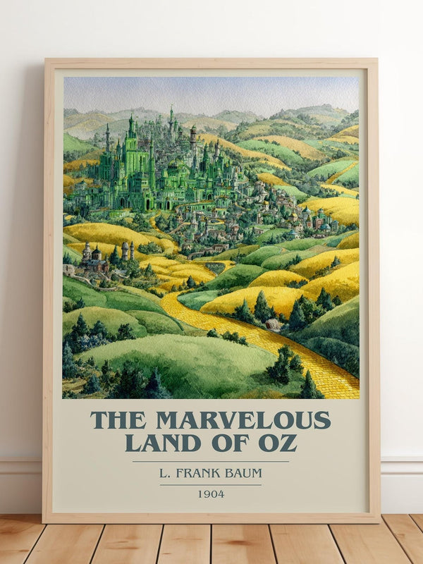 The Marvelous Land of Oz book cover print in frame leaning in hallway – childrens wall art