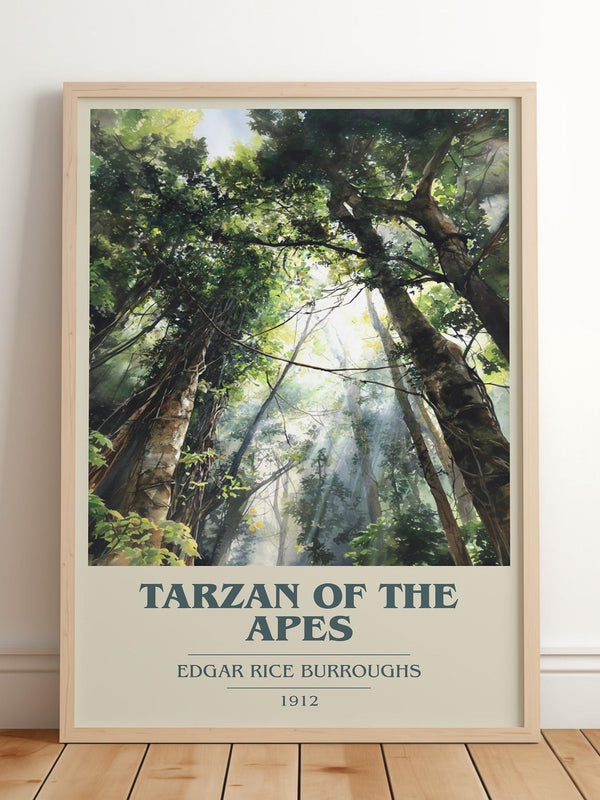 Tarzan of the Apes book cover print in frame leaning in hallway – adventure wall art