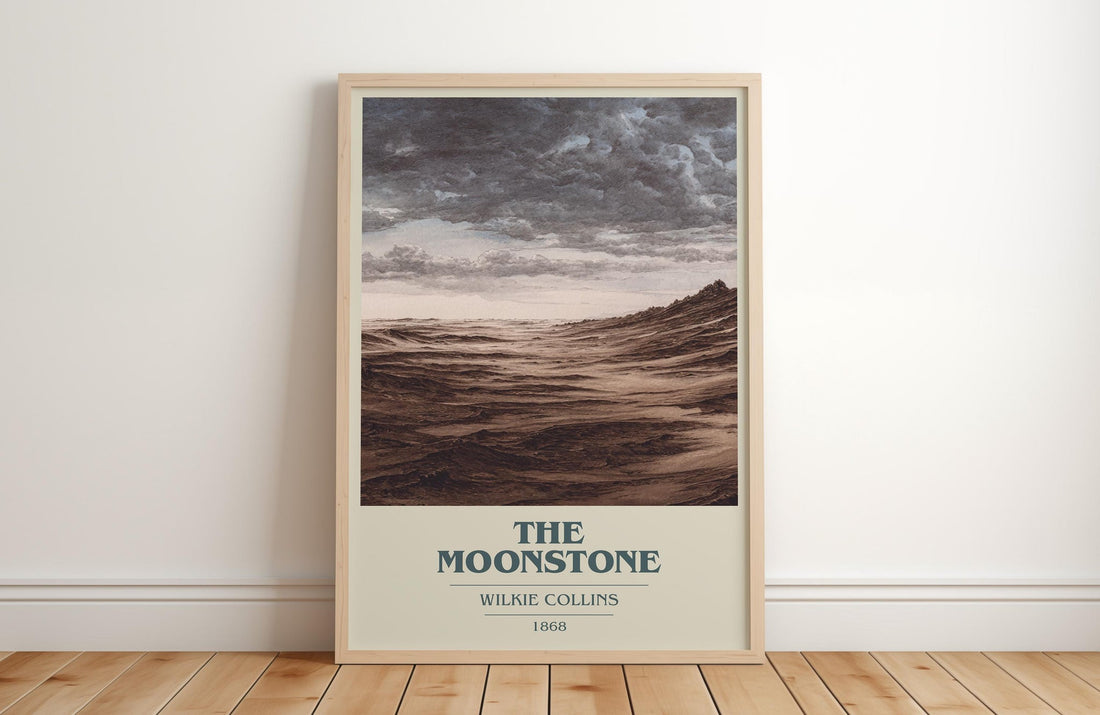The Moonstone book cover print in frame leaning in hallway – mystery wall art (mockup)