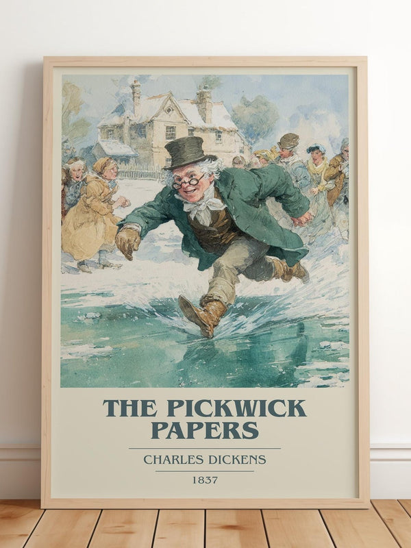 The Pickwick Papers book cover print in frame leaning in hallway – classic literature wall art