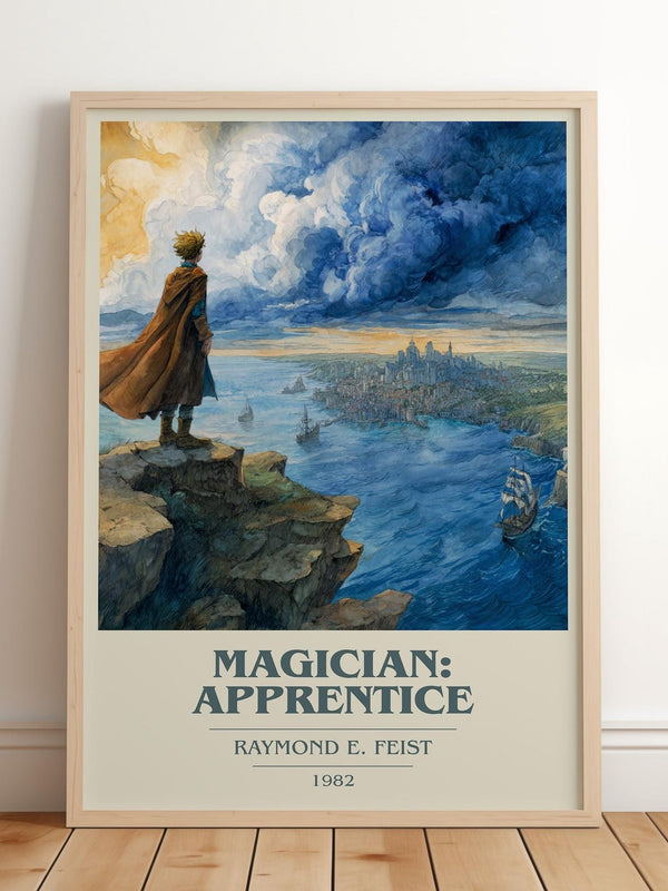 Magician: Apprentice book cover print in frame leaning in hallway – fantasy wall art