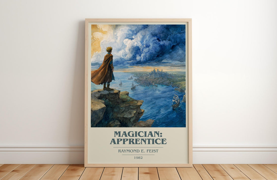 Magician: Apprentice book cover print in frame leaning in hallway – fantasy wall art (mockup)
