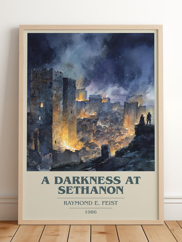 A Darkness at Sethanon book cover print in frame leaning in hallway – fantasy wall art