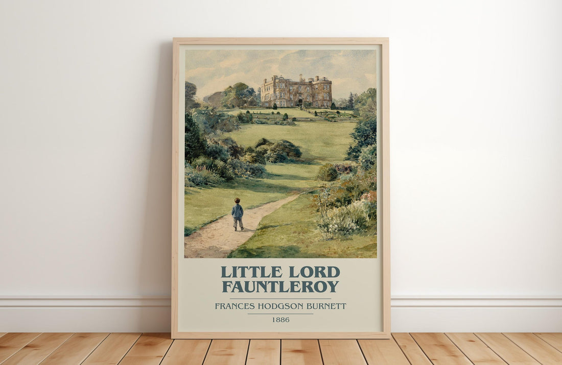 Little Lord Fauntleroy book cover print in frame leaning in hallway – adventure wall art (mockup)