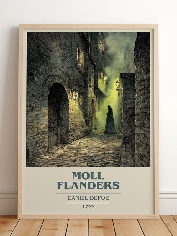 Moll Flanders book cover print in frame leaning in hallway – classic literature wall art