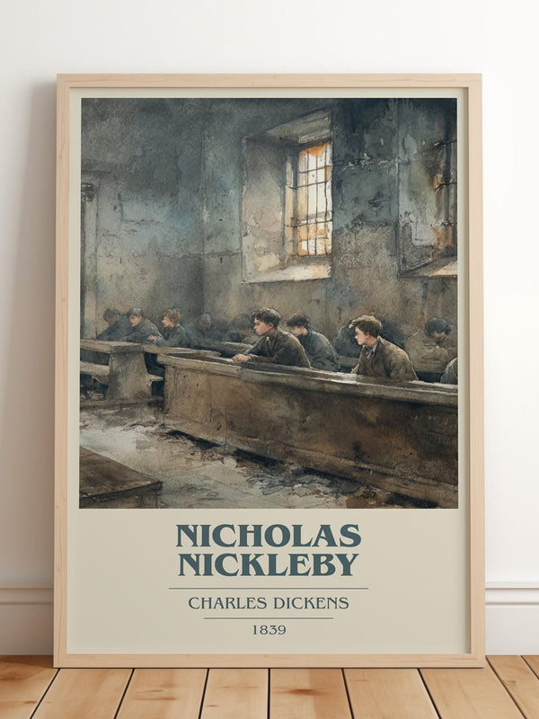 Nicholas Nickleby book cover print in frame leaning in hallway – classic literature wall art
