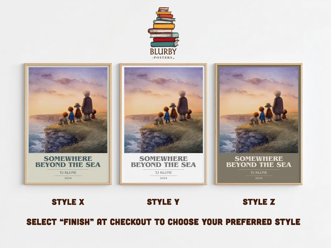 Somewhere Beyond the Sea book cover print in frame leaning in hallway – satire wall art (mockup)