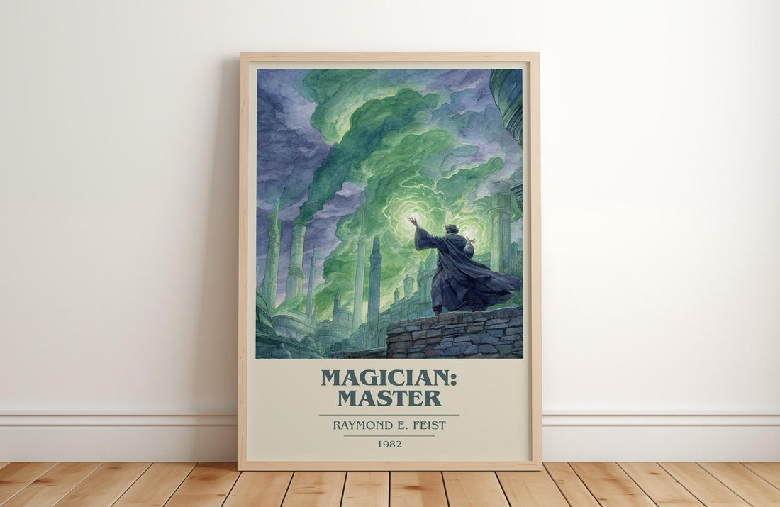 Magician: Master book cover print in frame leaning in hallway – fantasy wall art (mockup)