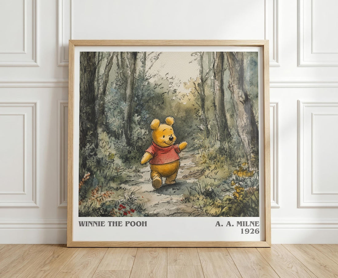 Winnie the Pooh literary print in frame leaning in hallway – childrens wall art (mockup)