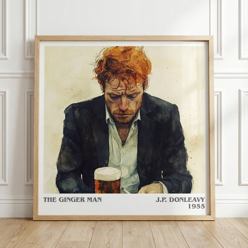 The Ginger Man literary print in frame leaning in hallway – coming of age wall art