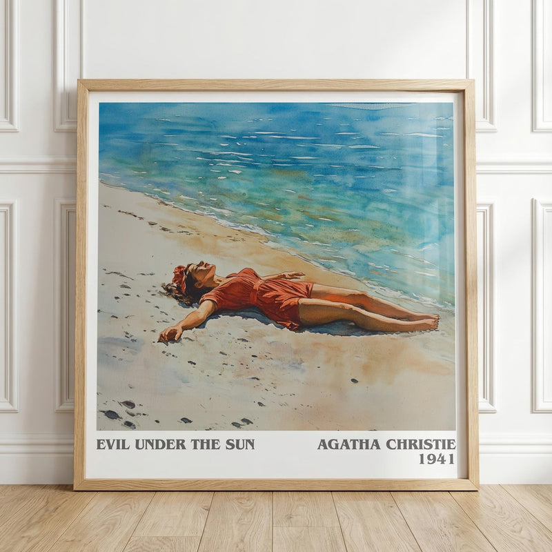 Evil Under the Sun literary print in frame leaning in hallway – mystery wall art