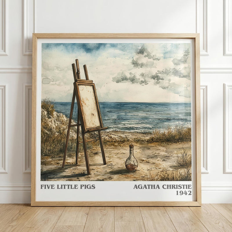 Five Little Pigs literary print in frame leaning in hallway – mystery wall art