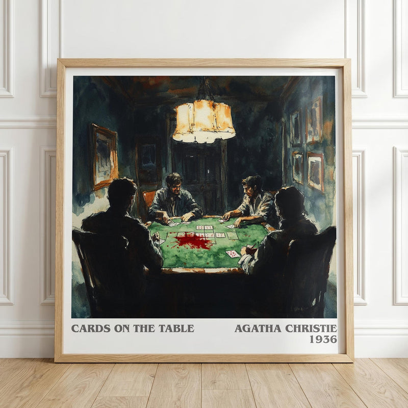 Cards on the Table literary print in frame leaning in hallway – mystery wall art