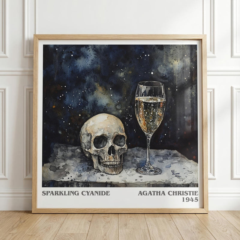 Sparkling Cyanide literary print in frame leaning in hallway – mystery wall art