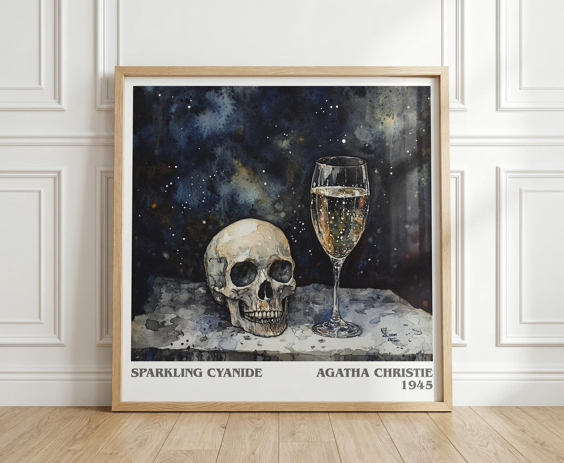 Sparkling Cyanide literary print in frame leaning in hallway – mystery wall art (mockup)