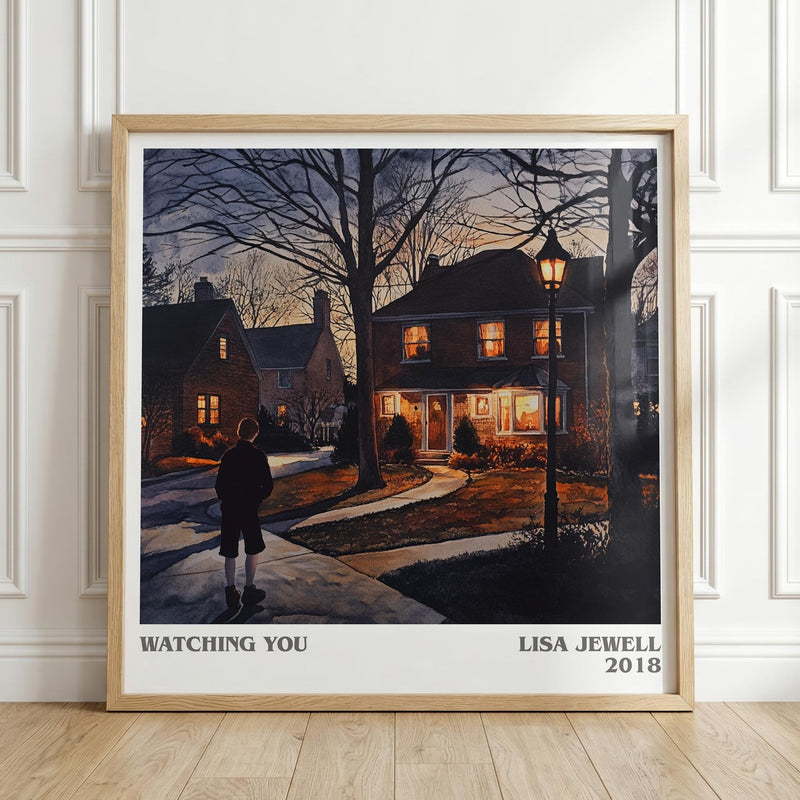 Watching You literary print in frame leaning in hallway – thriller wall art