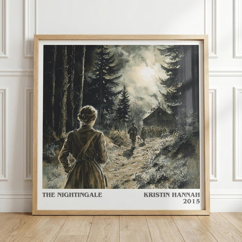 The Nightingale literary print in frame leaning in hallway – historical fiction wall art