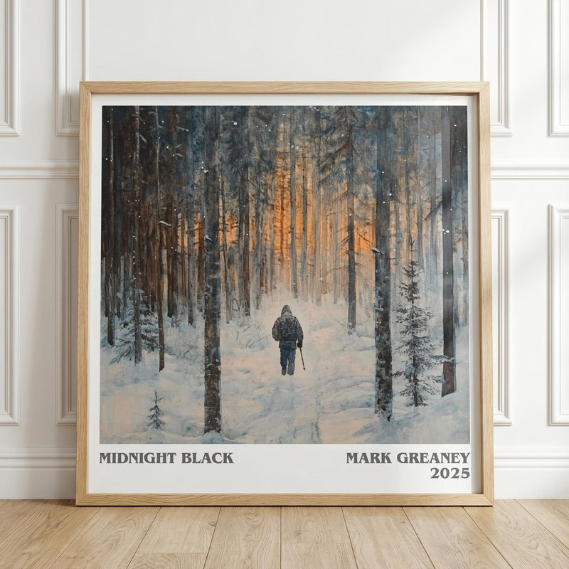 Midnight Black literary print in frame leaning in hallway – thriller wall art