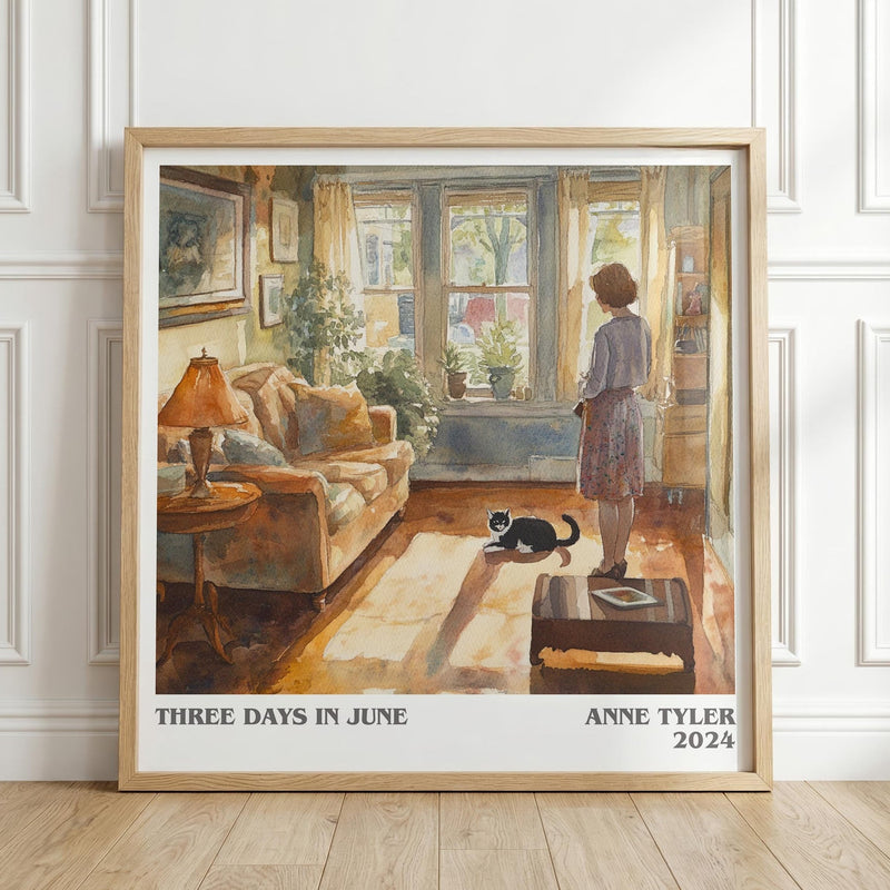 Three Days In June literary print in frame leaning in hallway – contemporary fiction wall art
