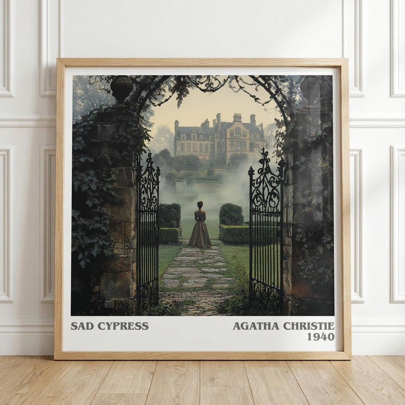 Sad Cypress literary print in frame leaning in hallway – mystery wall art