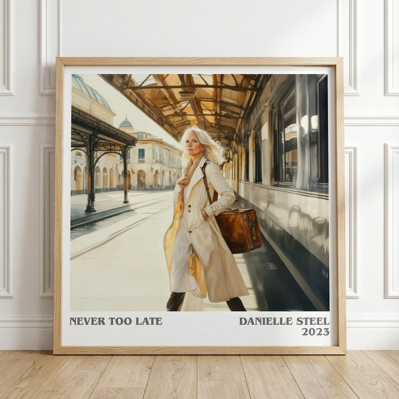 Never Too Late literary print in frame leaning in hallway – romance wall art