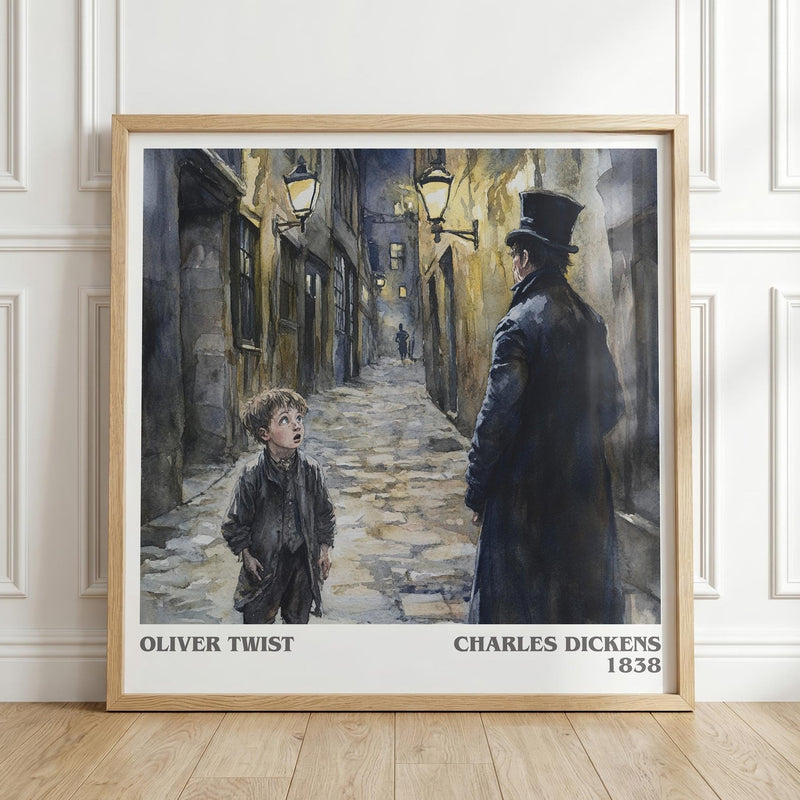 Oliver Twist literary print in frame leaning in hallway – classic literature wall art