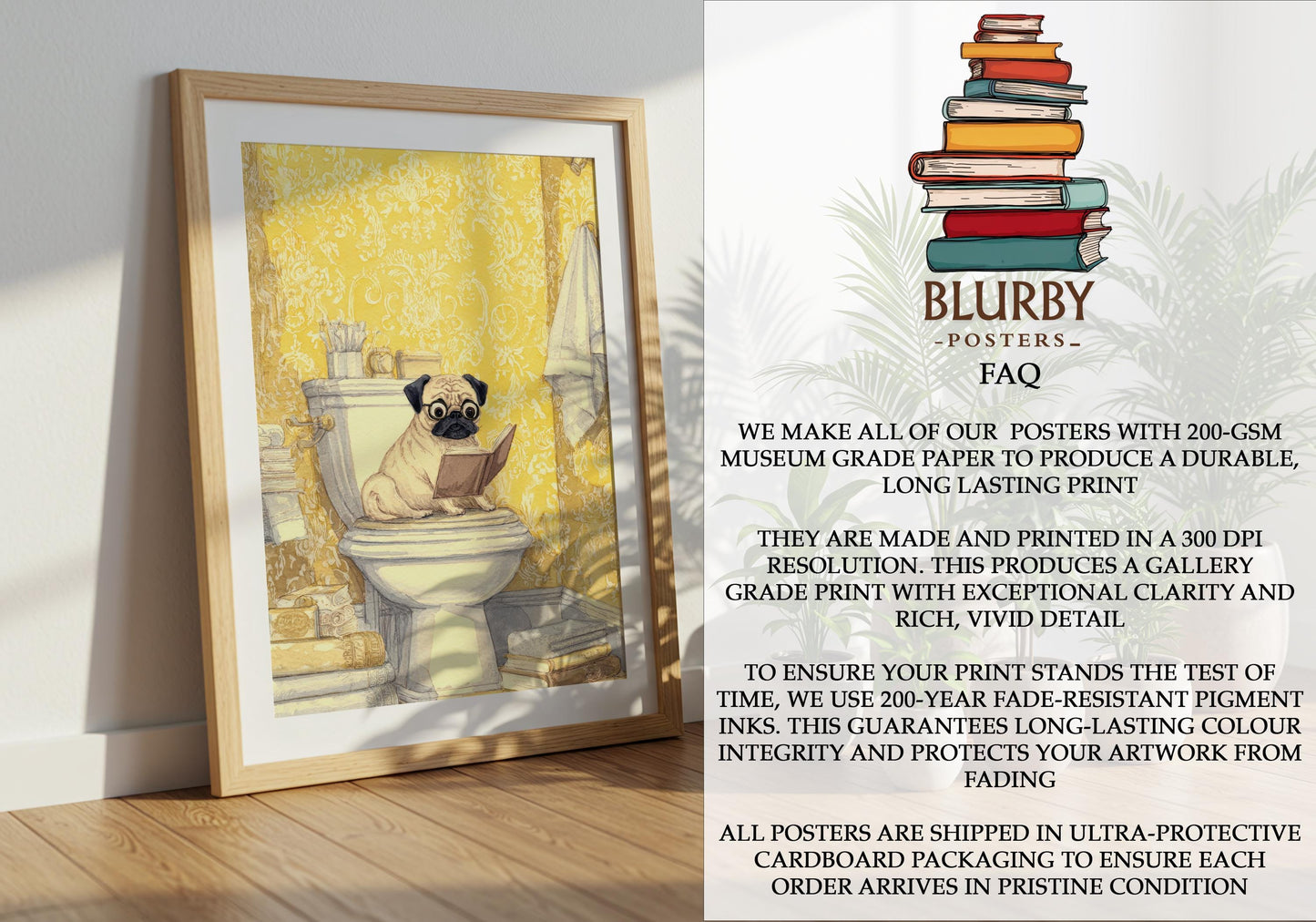 Pug Reading on Toilet Print | Cozy Wall Decor | Cute Gift For Book Lover | Book Nook Poster | Book Art | Aesthetic Room Art | Home Decor - Book Poster Art Print Decor Bookish
