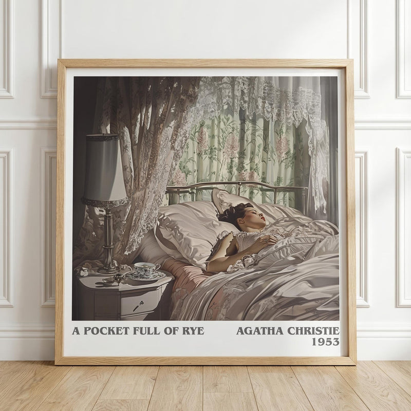 A Pocket Full of Rye literary print in frame leaning in hallway – mystery wall art