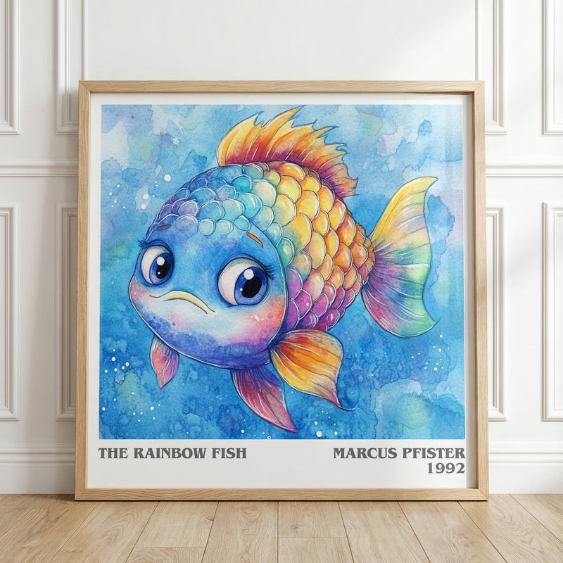 The Rainbow Fish literary print in frame leaning in hallway – childrens wall art