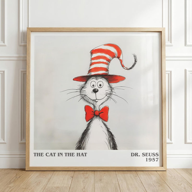 The Cat in the Hat literary print in frame leaning in hallway – childrens wall art