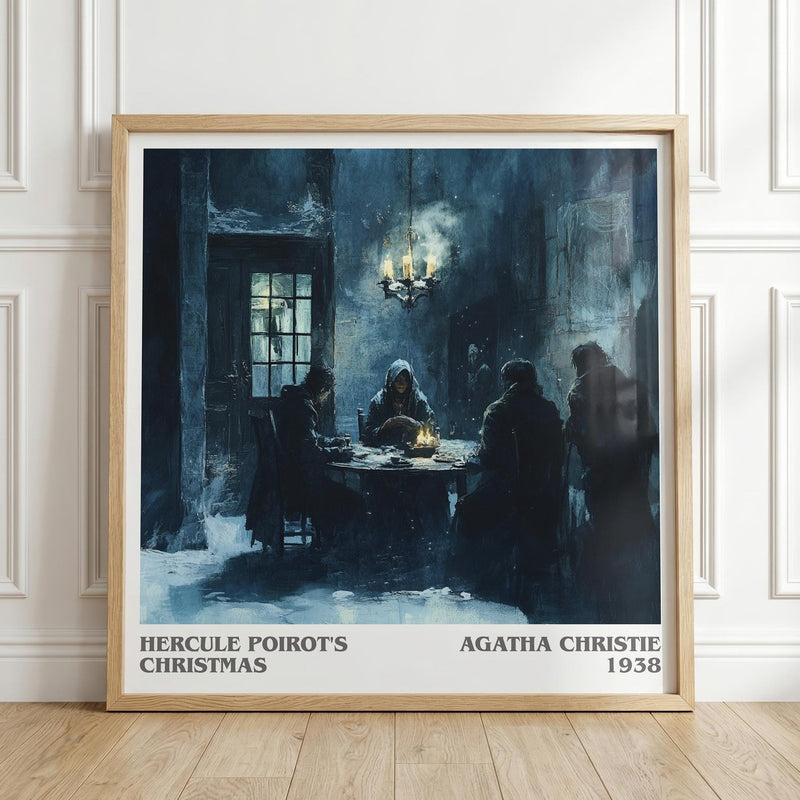 Hercule Poirot's Christmas literary print in frame leaning in hallway – mystery wall art