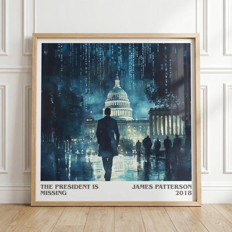 The President Is Missing literary print in frame leaning in hallway – thriller wall art