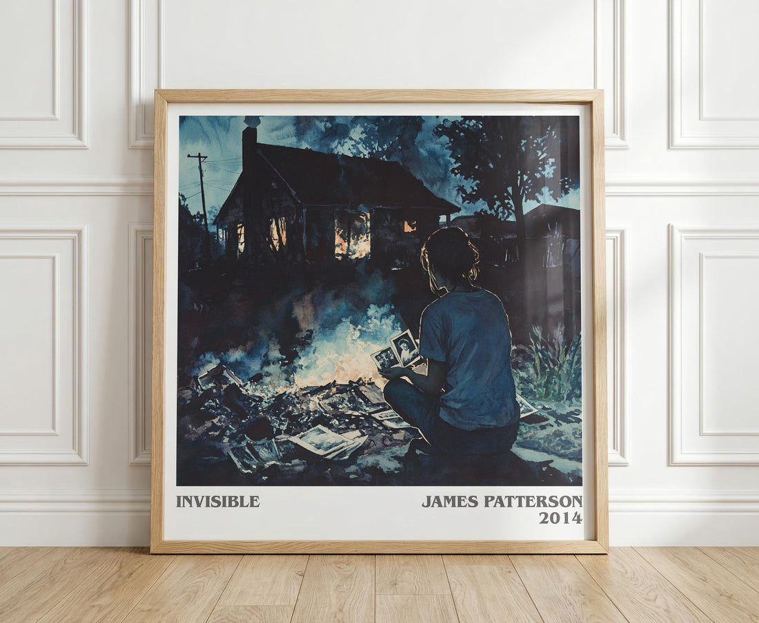 Invisible literary print in frame leaning in hallway – thriller wall art (mockup)