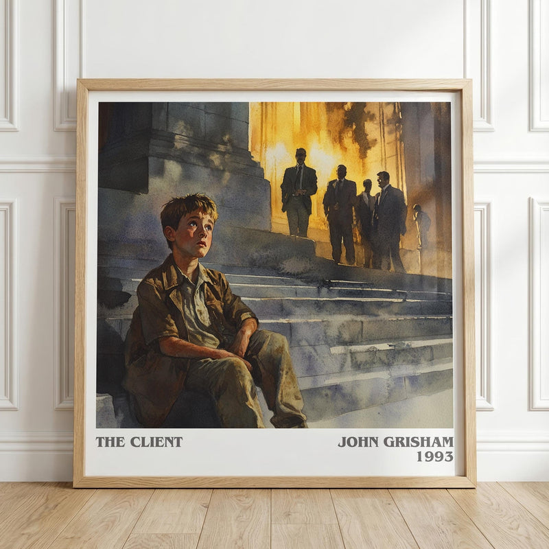 The Client literary print in frame leaning in hallway – thriller wall art