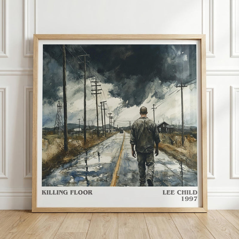 Killing Floor literary print in frame leaning in hallway – thriller wall art