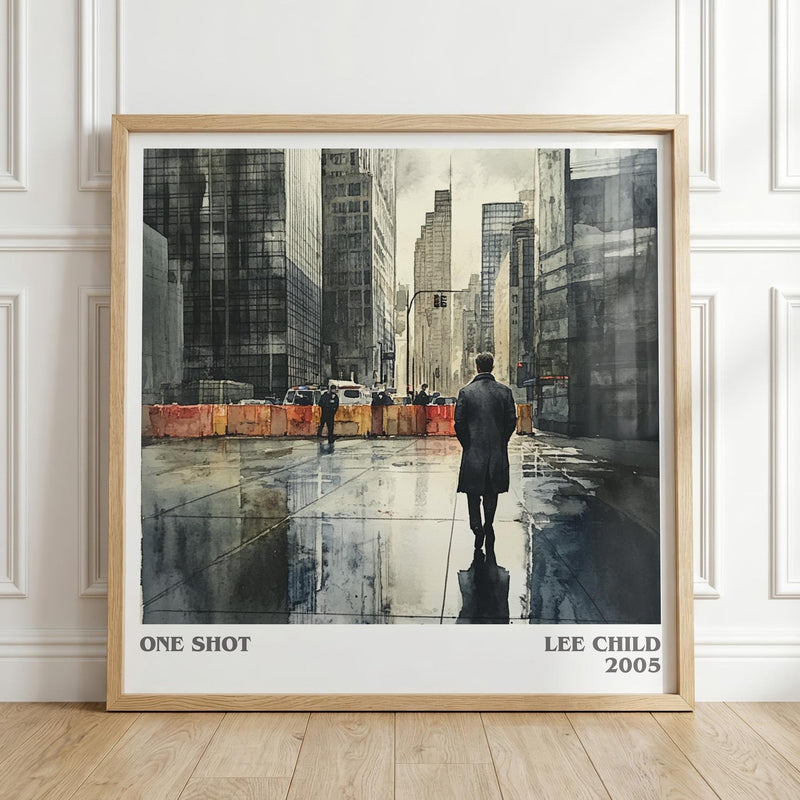 One Shot literary print in frame leaning in hallway – thriller wall art