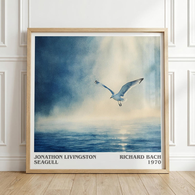 Jonathan Livingston Seagull literary print in frame leaning in hallway – literary fiction wall art