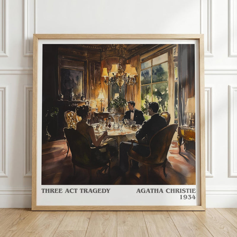 Three Act Tragedy literary print in frame leaning in hallway – mystery wall art