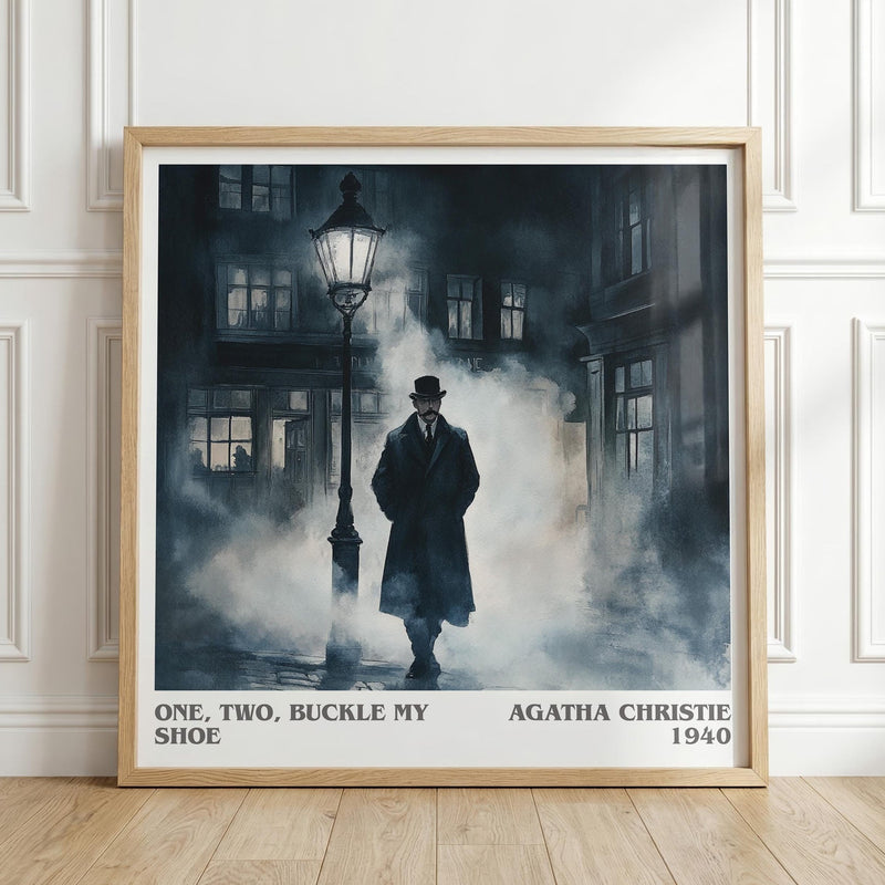 One, Two, Buckle My Shoe literary print in frame leaning in hallway – mystery wall art