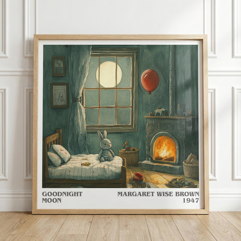 Good Night Moon literary print in frame leaning in hallway – childrens wall art