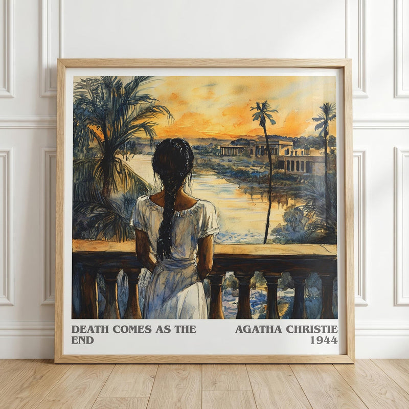 Death Comes as the End literary print in frame leaning in hallway – mystery wall art